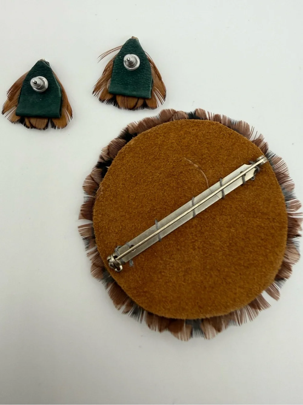 Vintage Pheasant Feather Brooch & Earrings Set Handmade Natural Feathers